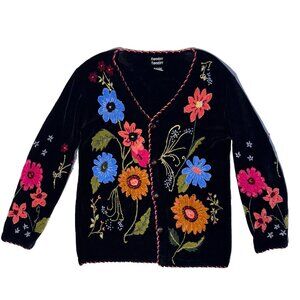 Vintage 90s Sweater Sweater Black Knitted Floral Wild Flower Sweater - Med Knit